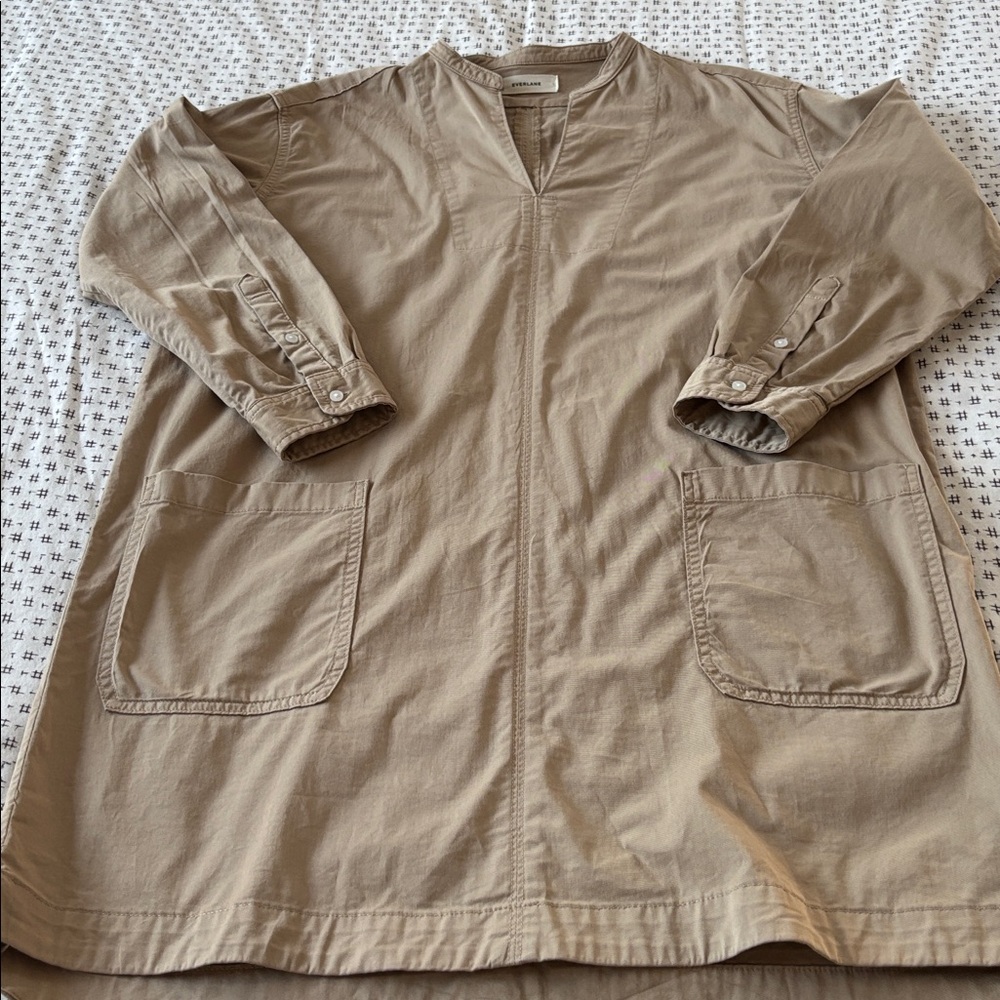 Everlane Long sleeve utility mini shift dress, organic cotton, tan, size L